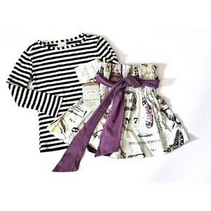 Persnickety NWT 4 5 NEW Black Striped Tee Top Printed Sash Skirt Set